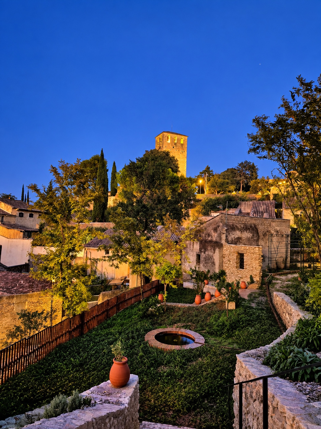 Vue du centre historique de Bollène au crépuscule